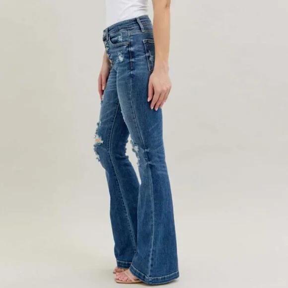 Judy Blue Button Fly Trouser Flare Jeans with Destroyed - Picture 3 of 4